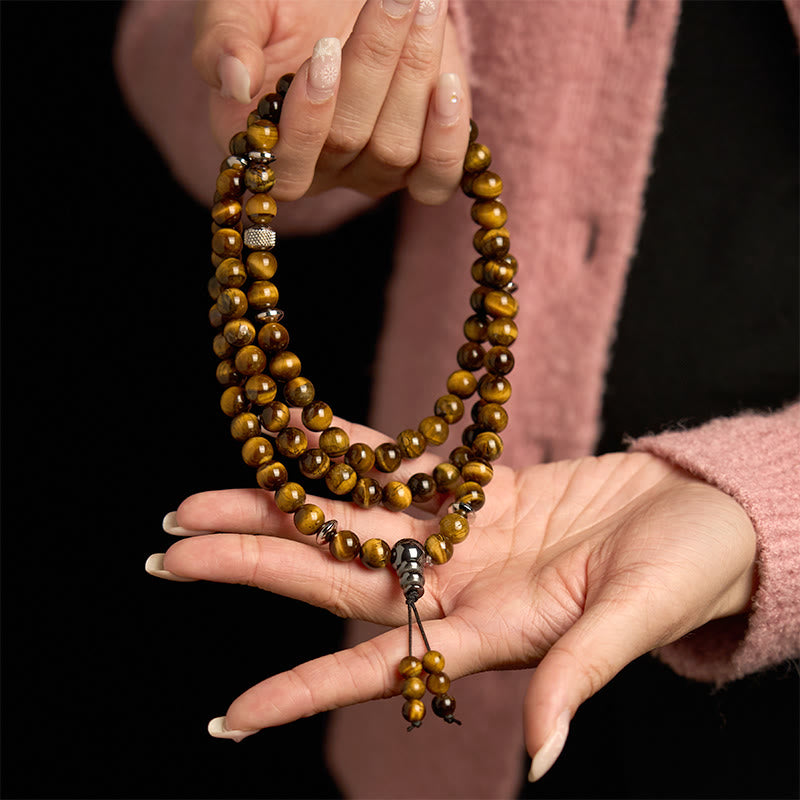 Pulsera de protección multivuelta con piedra natural ojo de tigre y 108 cuentas de mala de Buddha Stones