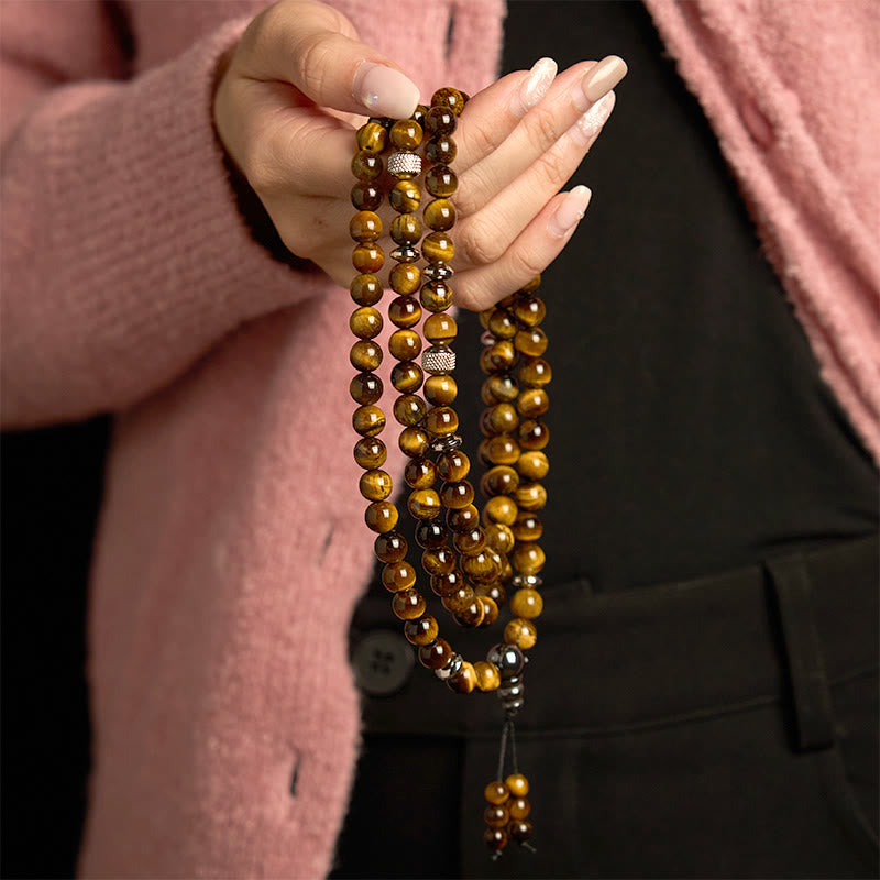 Pulsera de protección multivuelta con piedra natural ojo de tigre y 108 cuentas de mala de Buddha Stones