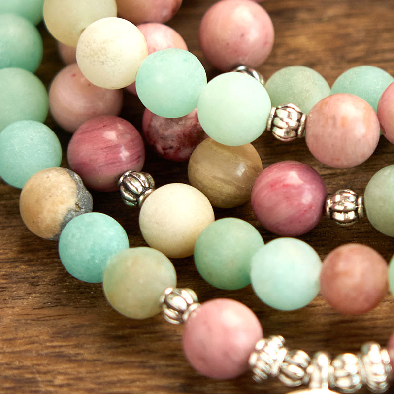 Pulsera de curación de loto con rodonita, amazonita y 108 cuentas de mala de Buddha Stones