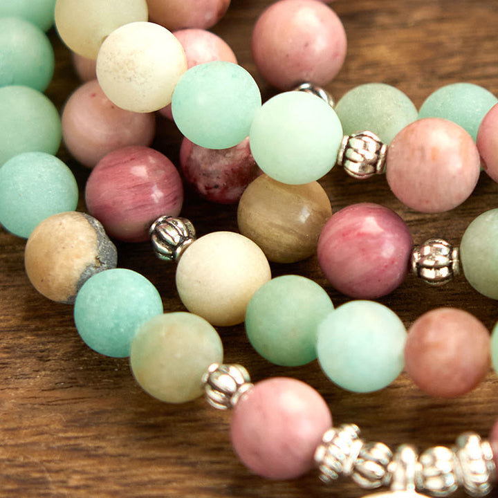 Pulsera de curación de loto con rodonita, amazonita y 108 cuentas de mala de Buddha Stones