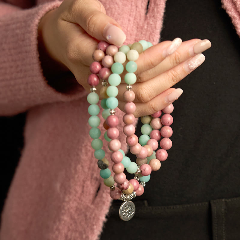Pulsera de curación de loto con rodonita, amazonita y 108 cuentas de mala de Buddha Stones
