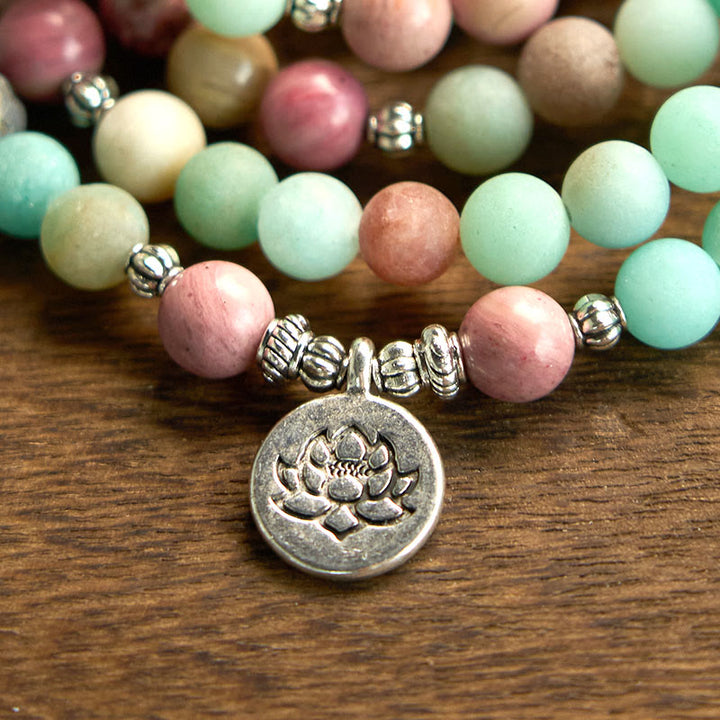 Pulsera de curación de loto con rodonita, amazonita y 108 cuentas de mala de Buddha Stones
