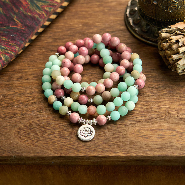 Pulsera de curación de loto con rodonita, amazonita y 108 cuentas de mala de Buddha Stones