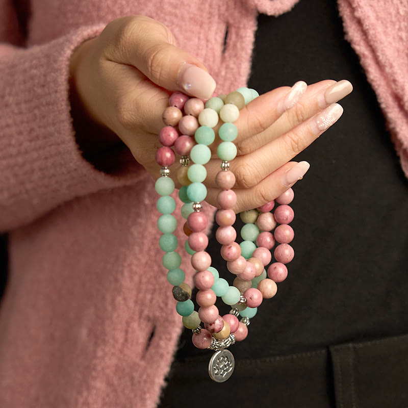 Pulsera de curación de loto con rodonita, amazonita y 108 cuentas de mala de Buddha Stones