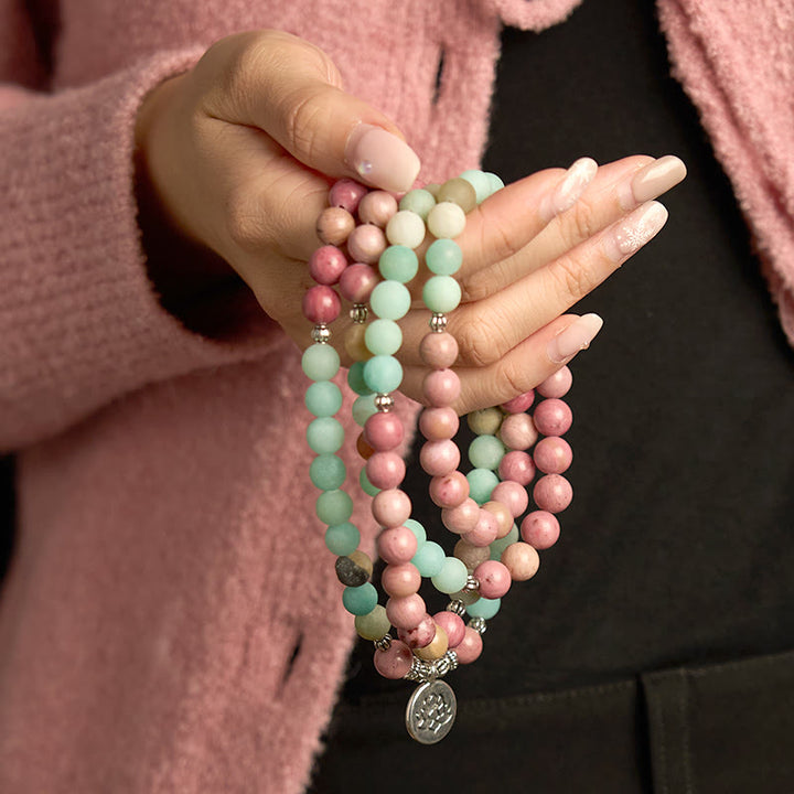 Pulsera de curación de loto con rodonita, amazonita y 108 cuentas de mala de Buddha Stones