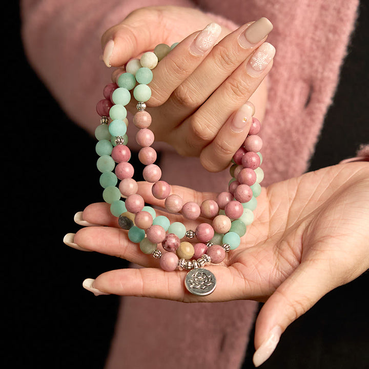 Pulsera de curación de loto con rodonita, amazonita y 108 cuentas de mala de Buddha Stones