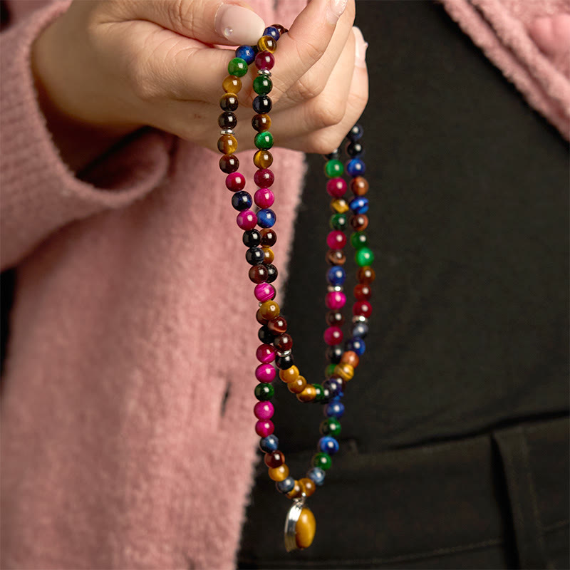 Pulsera de protección multivuelta con piedra de ojo de tigre de colores naturales y 108 cuentas de mala de Buddha Stones - image 2