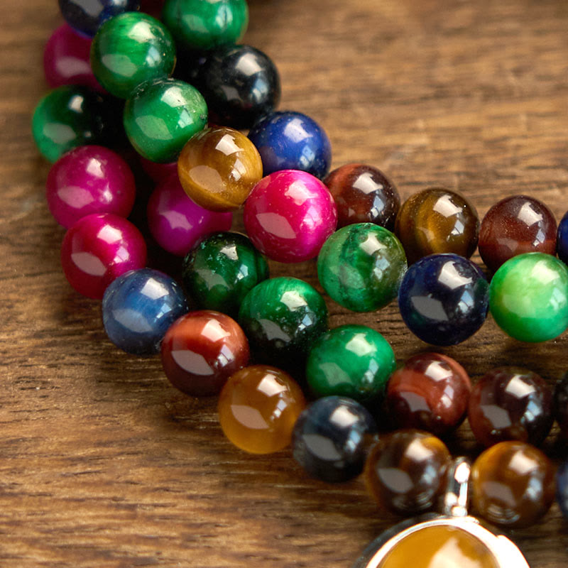 Pulsera de protección multivuelta con piedra de ojo de tigre de colores naturales y 108 cuentas de mala de Buddha Stones