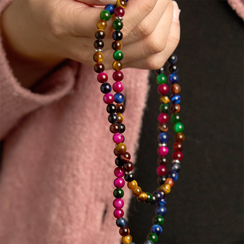 Pulsera de protección multivuelta con piedra de ojo de tigre de colores naturales y 108 cuentas de mala de Buddha Stones - image 4
