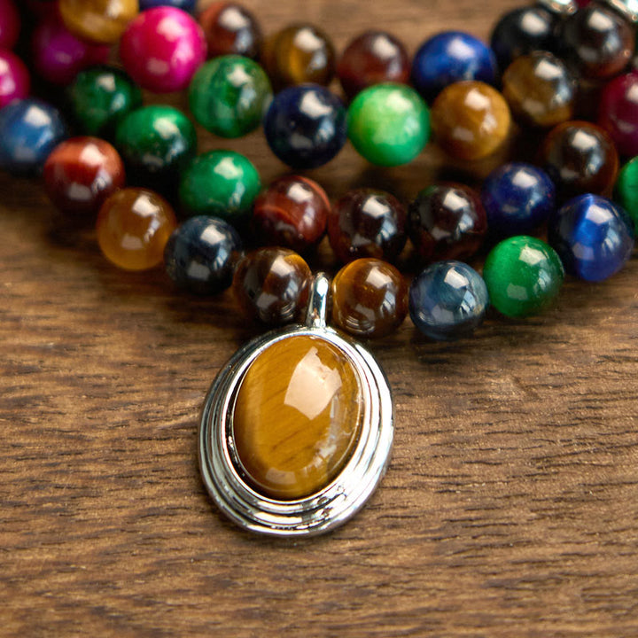 Pulsera de protección multivuelta con piedra de ojo de tigre de colores naturales y 108 cuentas de mala de Buddha Stones