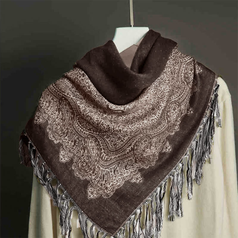 Chal de borlas con estampado de flores de colores jacquard de anacardo tibetano y Buddha Stones, bufanda suave y cálida para otoño e invierno - Marrón silla de montar 190*70cm - image 0