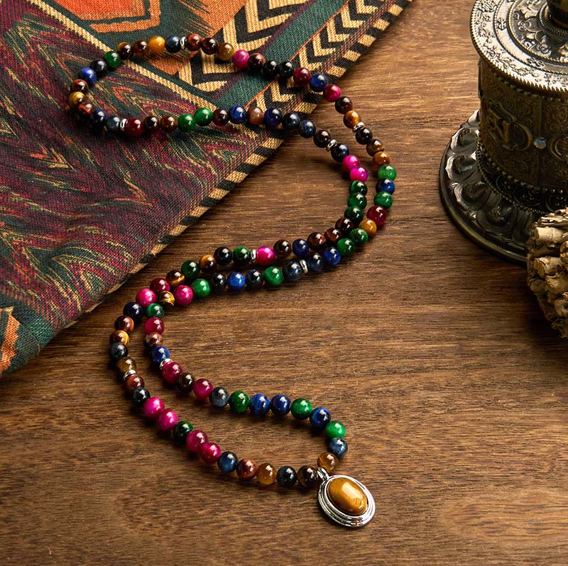 Pulsera de protección multivuelta con piedra de ojo de tigre de colores naturales y 108 cuentas de mala de Buddha Stones - image 1