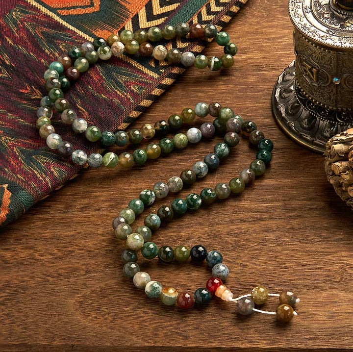 Pulsera curativa de varias vueltas con 108 cuentas de mala de piedra natural y ágata musgosa de Buddha Stones