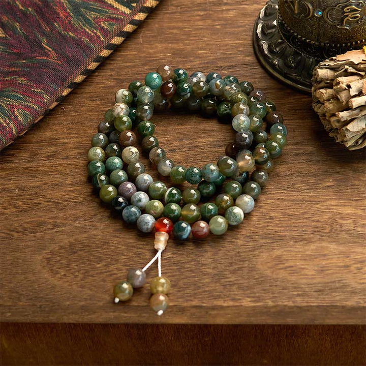 Pulsera curativa de varias vueltas con 108 cuentas de mala de piedra natural y ágata musgosa de Buddha Stones