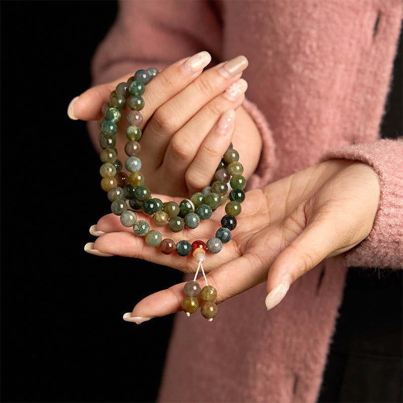 Pulsera curativa de varias vueltas con 108 cuentas de mala de piedra natural y ágata musgosa de Buddha Stones