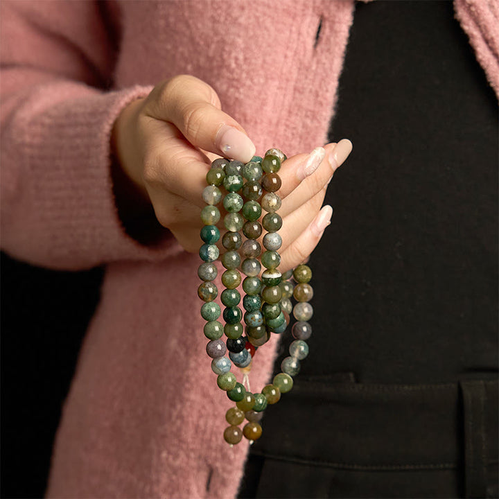 Pulsera curativa de varias vueltas con 108 cuentas de mala de piedra natural y ágata musgosa de Buddha Stones
