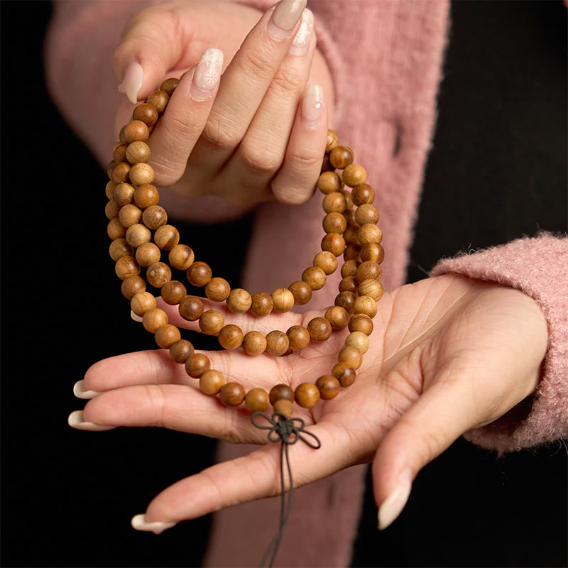 Pulsera de protección pulida a mano de madera de durazno con 108 cuentas de mala y Buddha Stones con efecto relámpago
