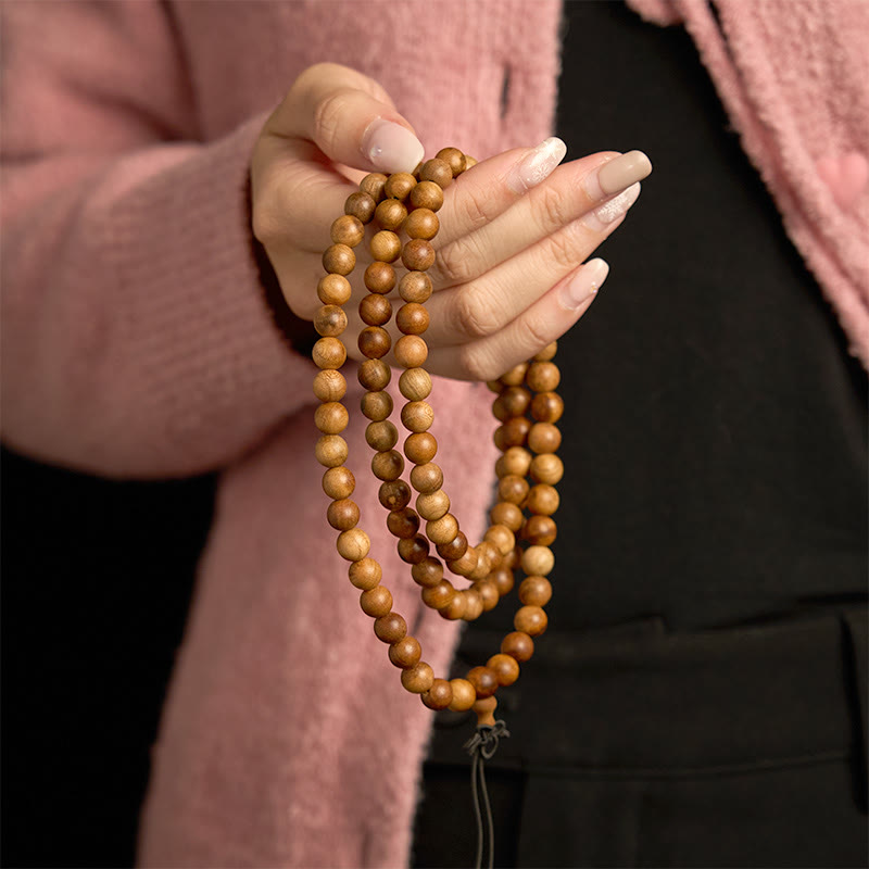Pulsera de protección pulida a mano de madera de durazno con 108 cuentas de mala y Buddha Stones con efecto relámpago