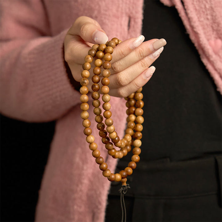 Pulsera de protección pulida a mano de madera de durazno con 108 cuentas de mala y Buddha Stones con efecto relámpago