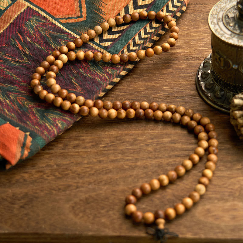 Pulsera de protección pulida a mano de madera de durazno con 108 cuentas de mala y Buddha Stones con efecto relámpago
