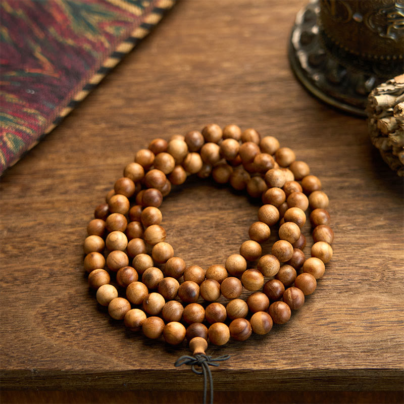 Pulsera de protección pulida a mano de madera de durazno con 108 cuentas de mala y Buddha Stones con efecto relámpago