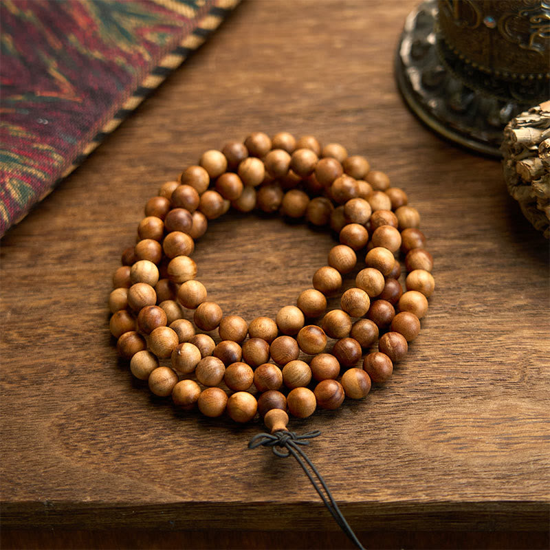 Pulsera de protección pulida a mano de madera de durazno con 108 cuentas de mala y Buddha Stones con efecto relámpago