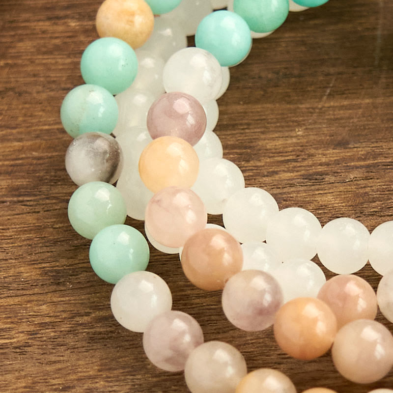 Pulsera de curación con borlas blancas y amazonita de jade blanco natural con 108 cuentas de mala de Buddha Stones