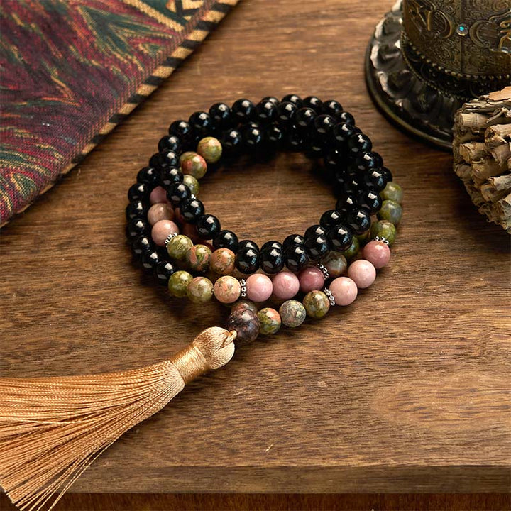 Pulsera curativa con borlas color caqui y rodonita de jaspe negro con 108 cuentas de mala de Buddha Stones