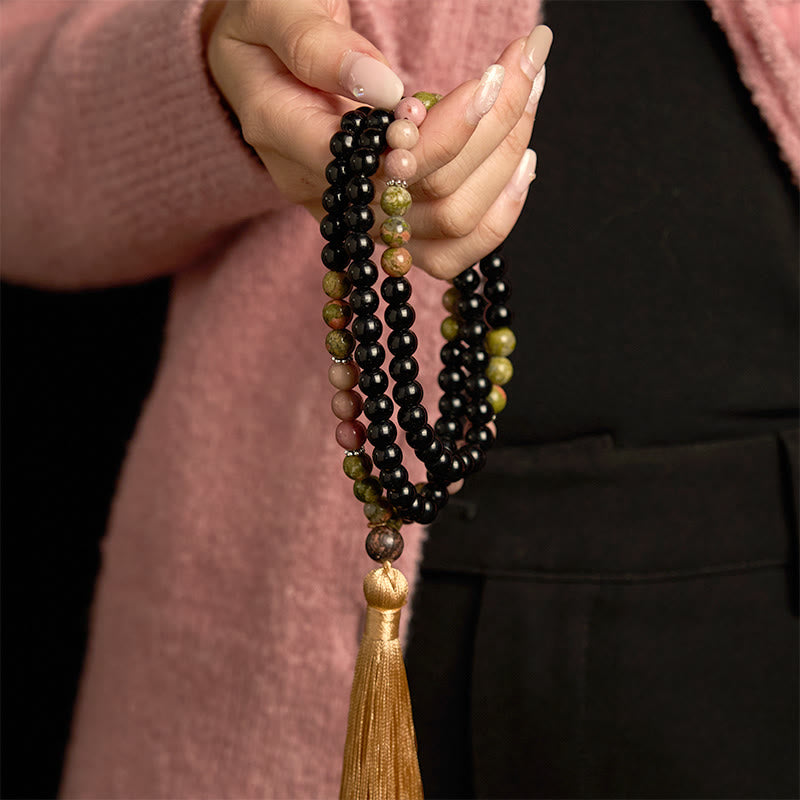 Pulsera curativa con borlas color caqui y rodonita de jaspe negro con 108 cuentas de mala de Buddha Stones