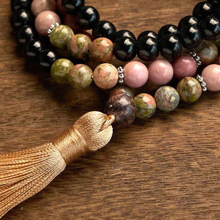 Pulsera curativa con borlas color caqui y rodonita de jaspe negro con 108 cuentas de mala de Buddha Stones