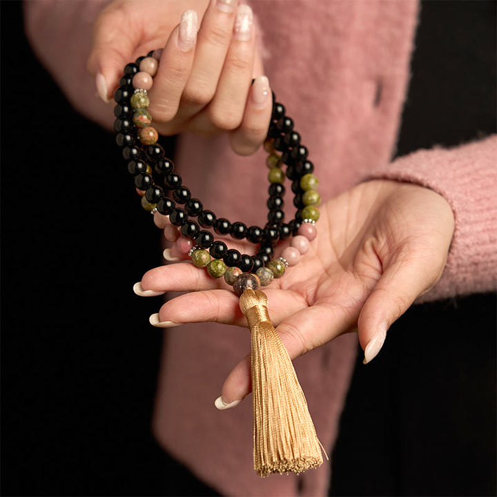 Pulsera curativa con borlas color caqui y rodonita de jaspe negro con 108 cuentas de mala de Buddha Stones