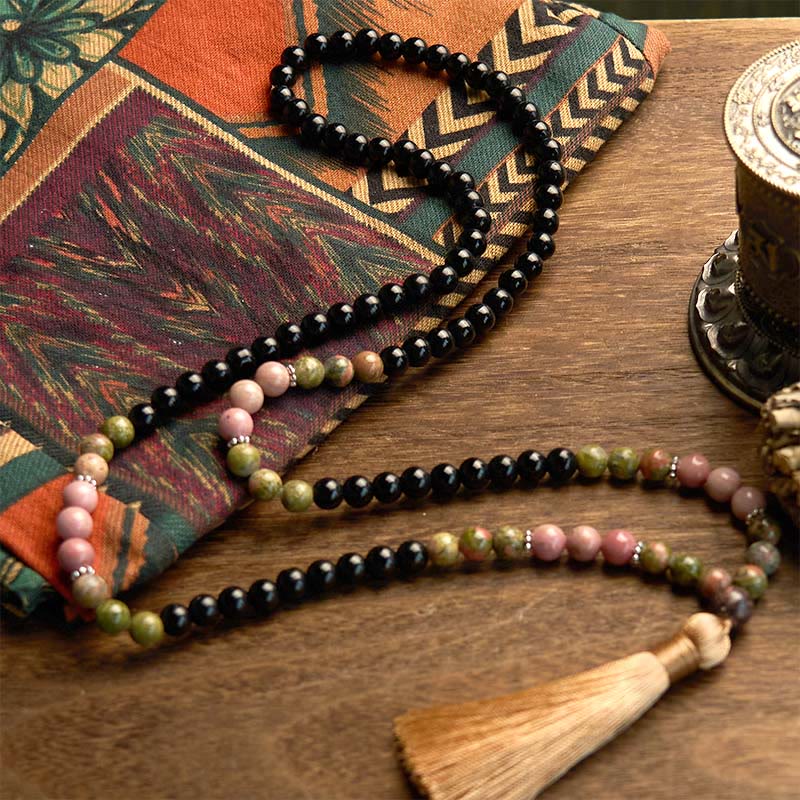 Pulsera curativa con borlas color caqui y rodonita de jaspe negro con 108 cuentas de mala de Buddha Stones