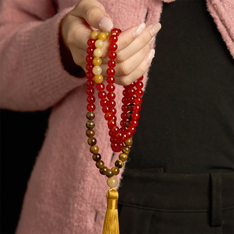 Buddha Stones con 108 cuentas de mala, ágata roja, ojo de tigre y borla amarilla