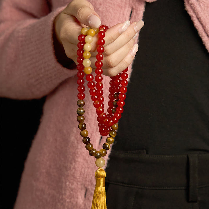 Buddha Stones con 108 cuentas de mala, ágata roja, ojo de tigre y borla amarilla