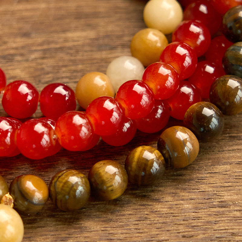 Buddha Stones con 108 cuentas de mala, ágata roja, ojo de tigre y borla amarilla