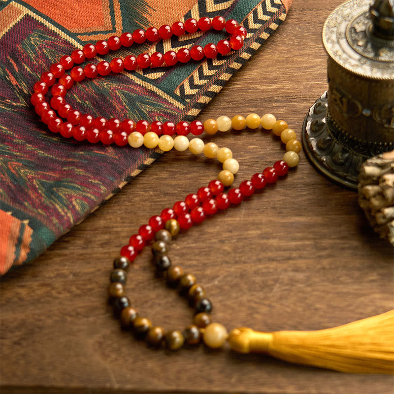 Buddha Stones con 108 cuentas de mala, ágata roja, ojo de tigre y borla amarilla