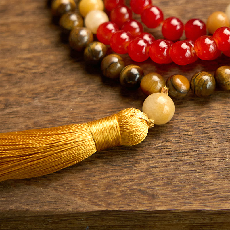 Buddha Stones con 108 cuentas de mala, ágata roja, ojo de tigre y borla amarilla
