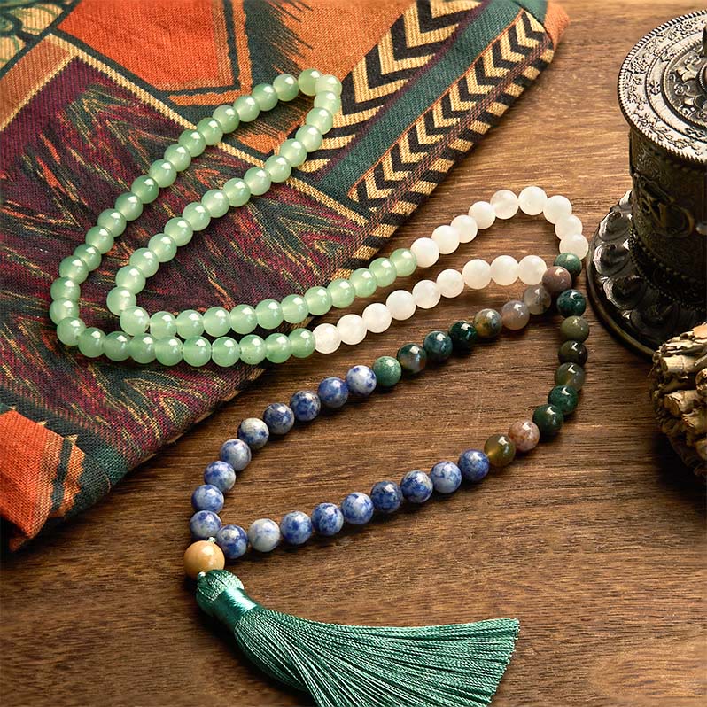 Pulsera de la Buddha Stones de mala, aventurina verde natural, jaspe de manchas azules, ágata india y borla verde