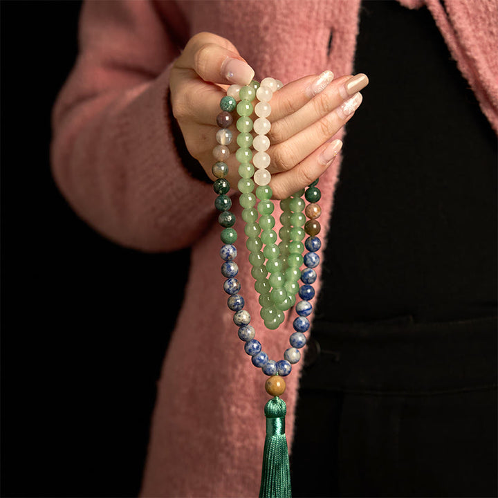 Pulsera de la Buddha Stones de mala, aventurina verde natural, jaspe de manchas azules, ágata india y borla verde