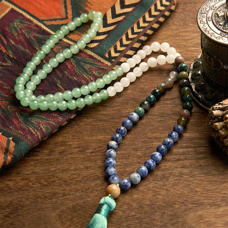 Pulsera de la Buddha Stones de mala, aventurina verde natural, jaspe de manchas azules, ágata india y borla verde