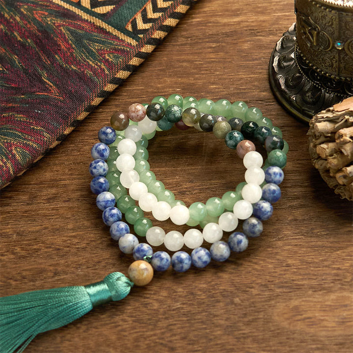 Pulsera de la Buddha Stones de mala, aventurina verde natural, jaspe de manchas azules, ágata india y borla verde