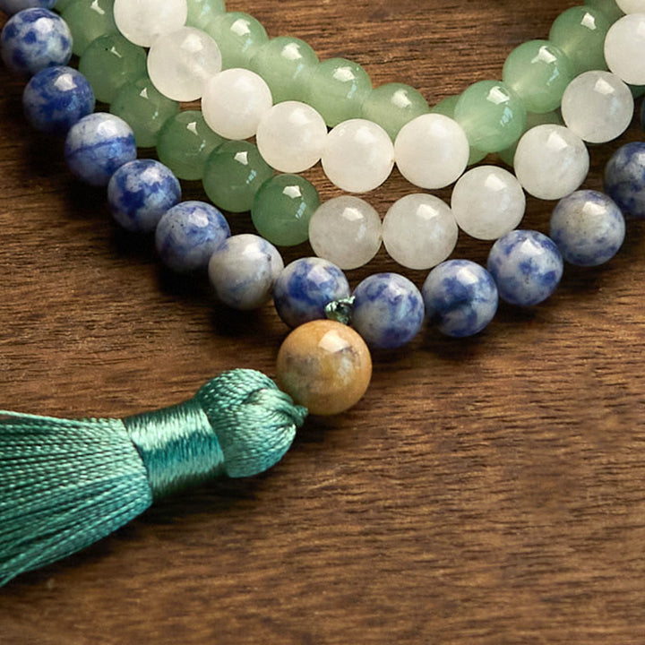 Pulsera de la Buddha Stones de mala, aventurina verde natural, jaspe de manchas azules, ágata india y borla verde
