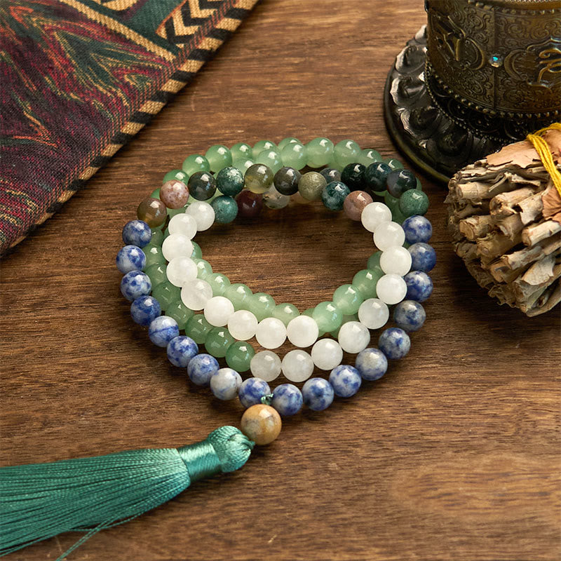Pulsera de la Buddha Stones de mala, aventurina verde natural, jaspe de manchas azules, ágata india y borla verde