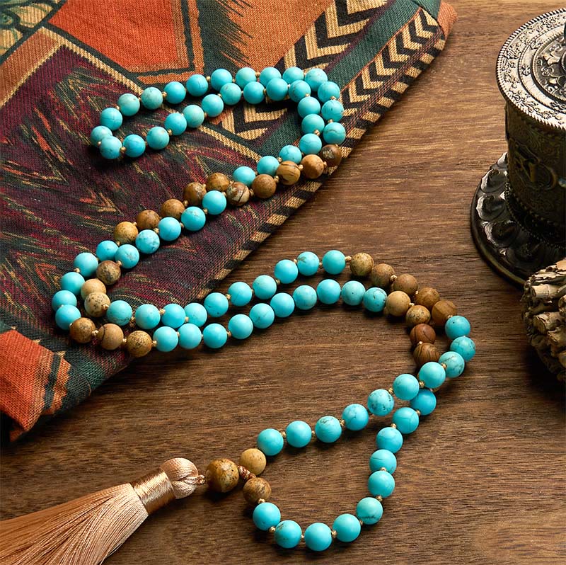 Pulsera de equilibrio con borlas y cuentas de jaspe con imagen turquesa y 108 cuentas de mala de Buddha Stones