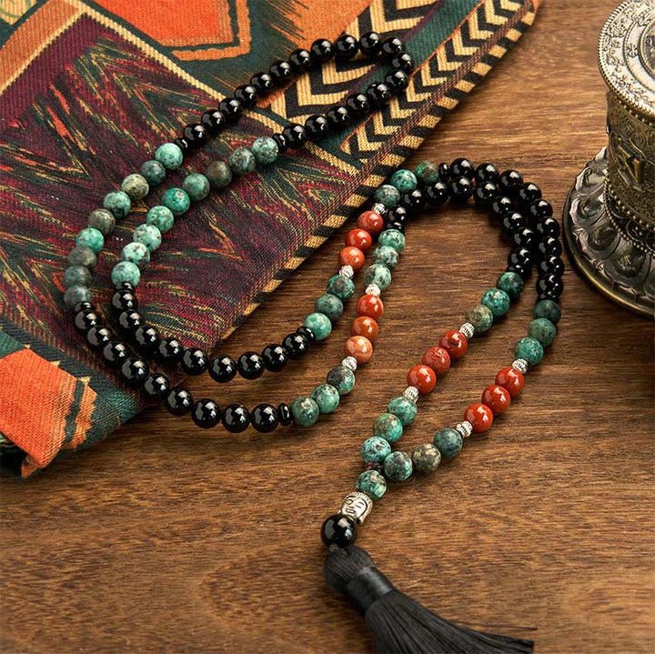 Pulsera de protección con Buddha Stones, 108 cuentas de ónix negro natural, jaspe rojo y turquesa, Mala