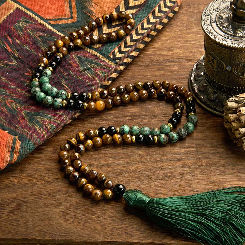 Pulsera de protección con borlas y cuentas de turquesa y ojo de tigre de piedra natural Mala 108 Buddha Stones