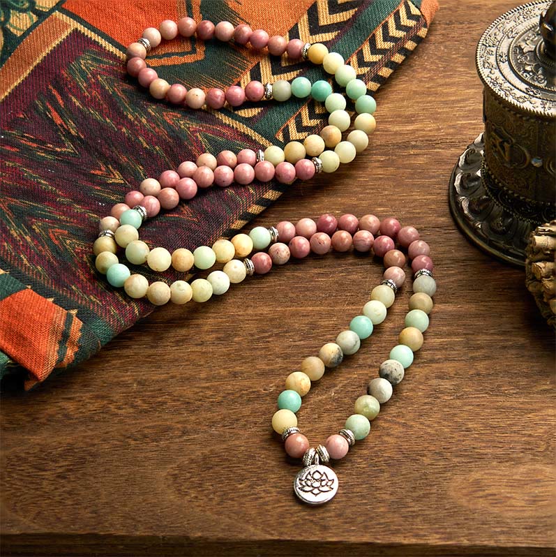 Pulsera de compasión de loto con cuentas de amazonita y rodonita de 108 Buddha Stones