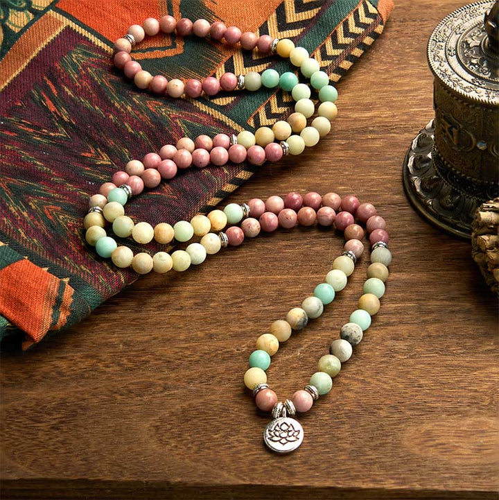Pulsera de compasión de loto con cuentas de amazonita y rodonita de 108 Buddha Stones