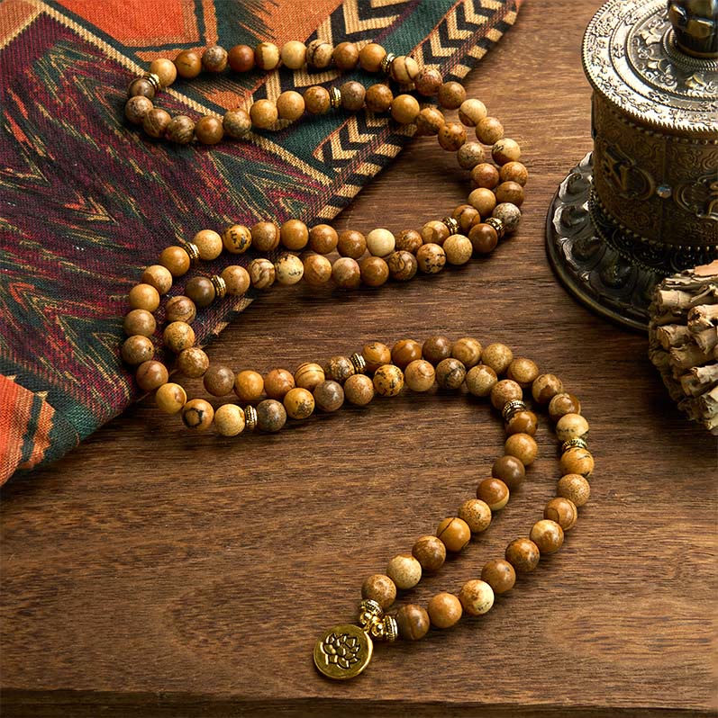 Buddha Stones con 108 cuentas y jaspe con imagen y loto