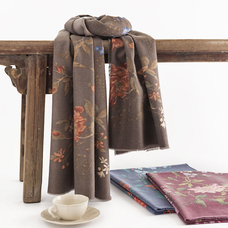 Chal con estampado de rosas multifloras tibetanas y Buddha Stones, bufanda cálida y acogedora para otoño e invierno - Vara de oro oscuro 190*65cm - image 0
